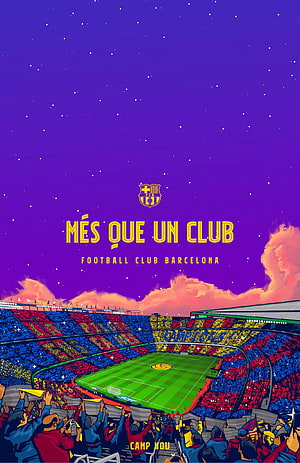 Illustrated Camp Nou Stadium at Night with FC Barcelona Fans and Més Que Un Club Motto HD phone wallpaper