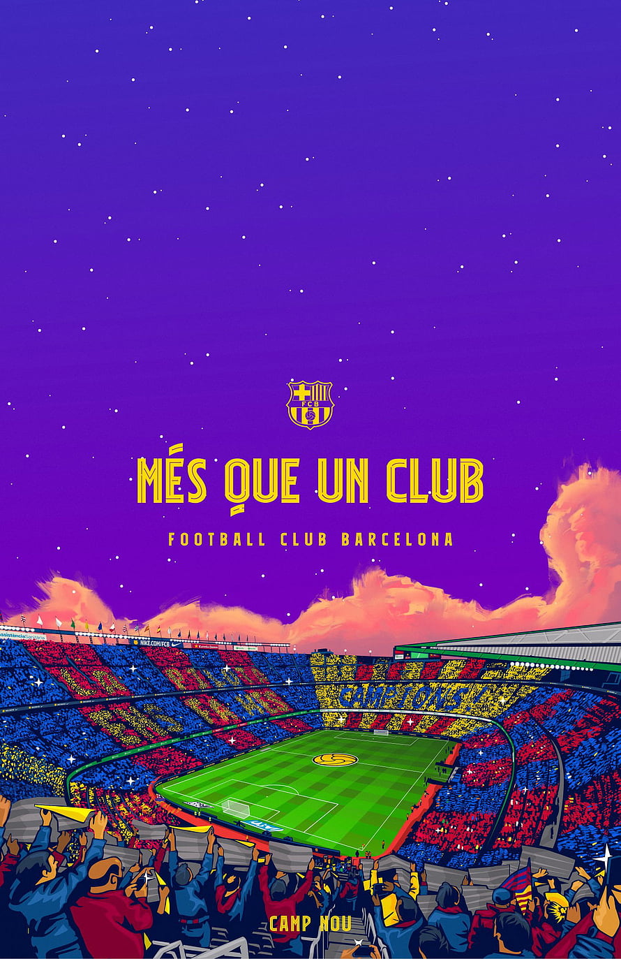 Illustrated Camp Nou Stadium at Night with FC Barcelona Fans and Més Que Un Club Motto HD phone wallpaper