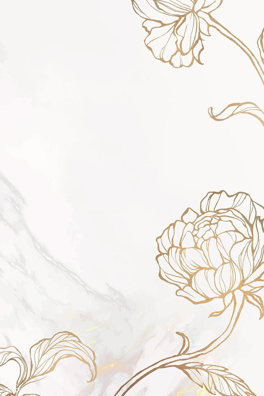 Elegant Gold Peony Floral Line Art on White Marble Background HD phone wallpaper