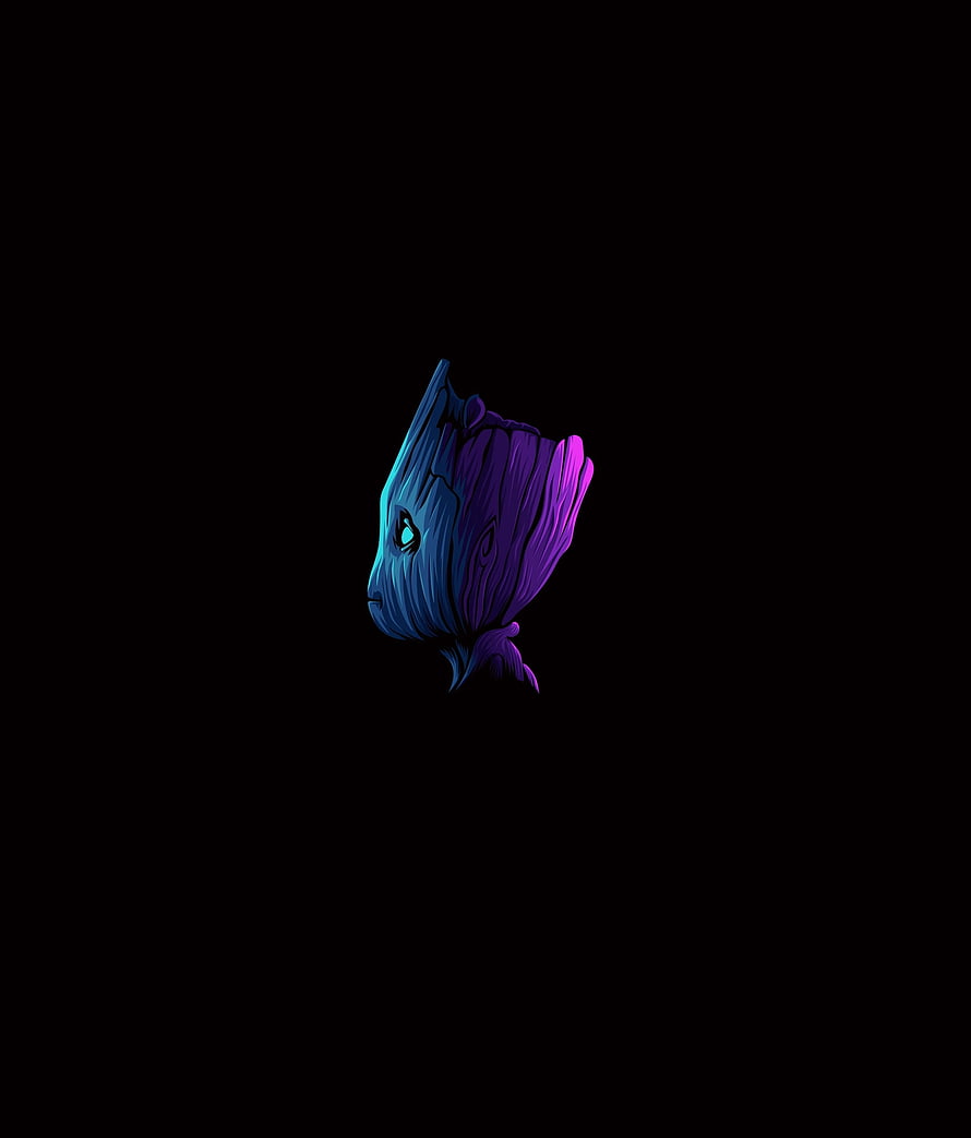 Baby Groot Neon Artwork with Blue and Purple Lighting on Black Background HD phone wallpaper