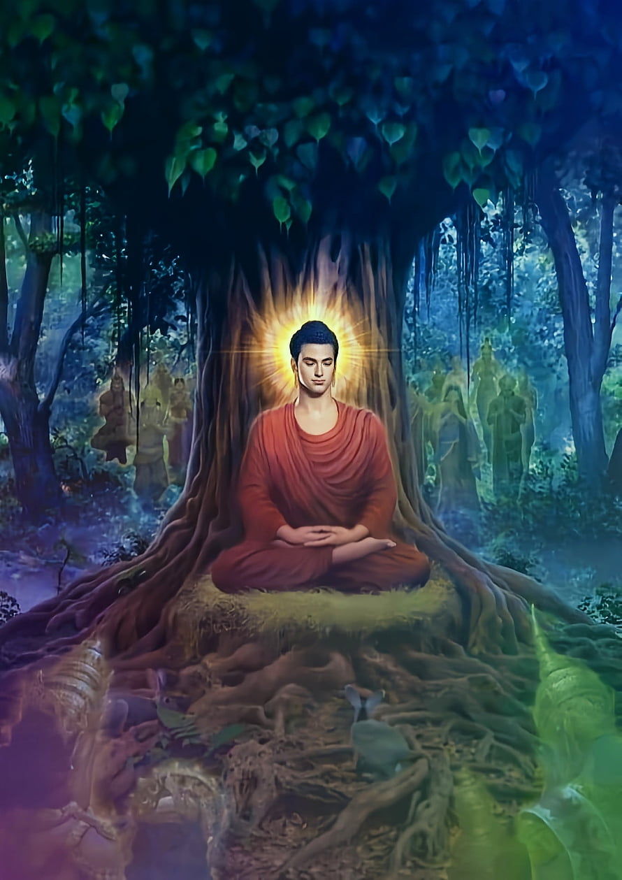 Buddha Meditating Under a Glowing Bodhi Tree in a Mystical Forest HD phone wallpaper