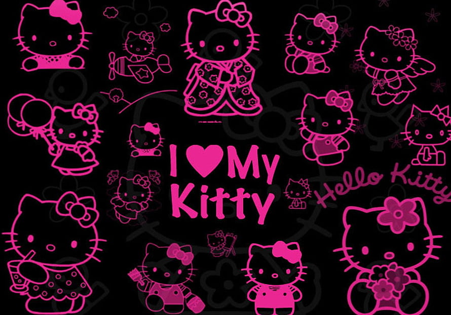 Hello Kitty Pink and Black Neon Line Art Collection with I Love Kitty Text HD wallpaper
