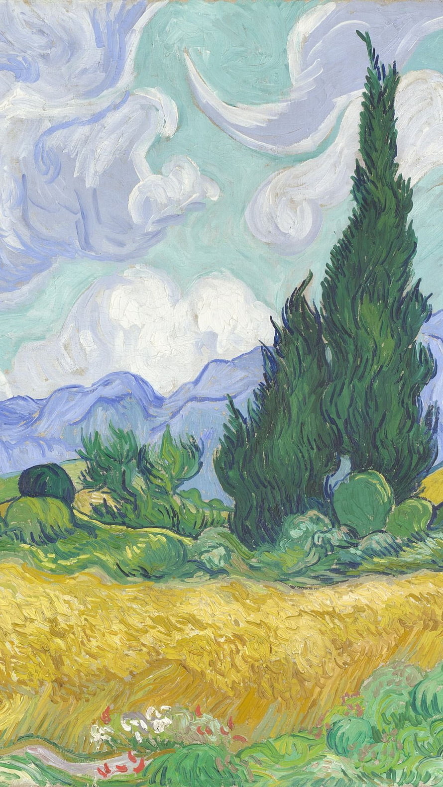 Van Gogh Cypress Trees in a Golden Wheat Field with Swirling Clouds and Distant Blue Mountains HD phone wallpaper
