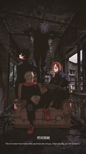 Jujutsu Kaisen Gojo Satoru, Yuji Itadori, Megumi Fushiguro, and Nobara Kugisaki in Abandoned Building HD phone wallpaper