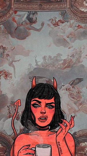 Illustrated Devil Girl with Horns and Tail Holding a Mug Against a Classical Ceiling Mural HD phone wallpaper