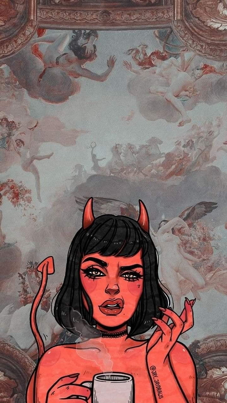 Illustrated Devil Girl with Horns and Tail Holding a Mug Against a Classical Ceiling Mural HD phone wallpaper