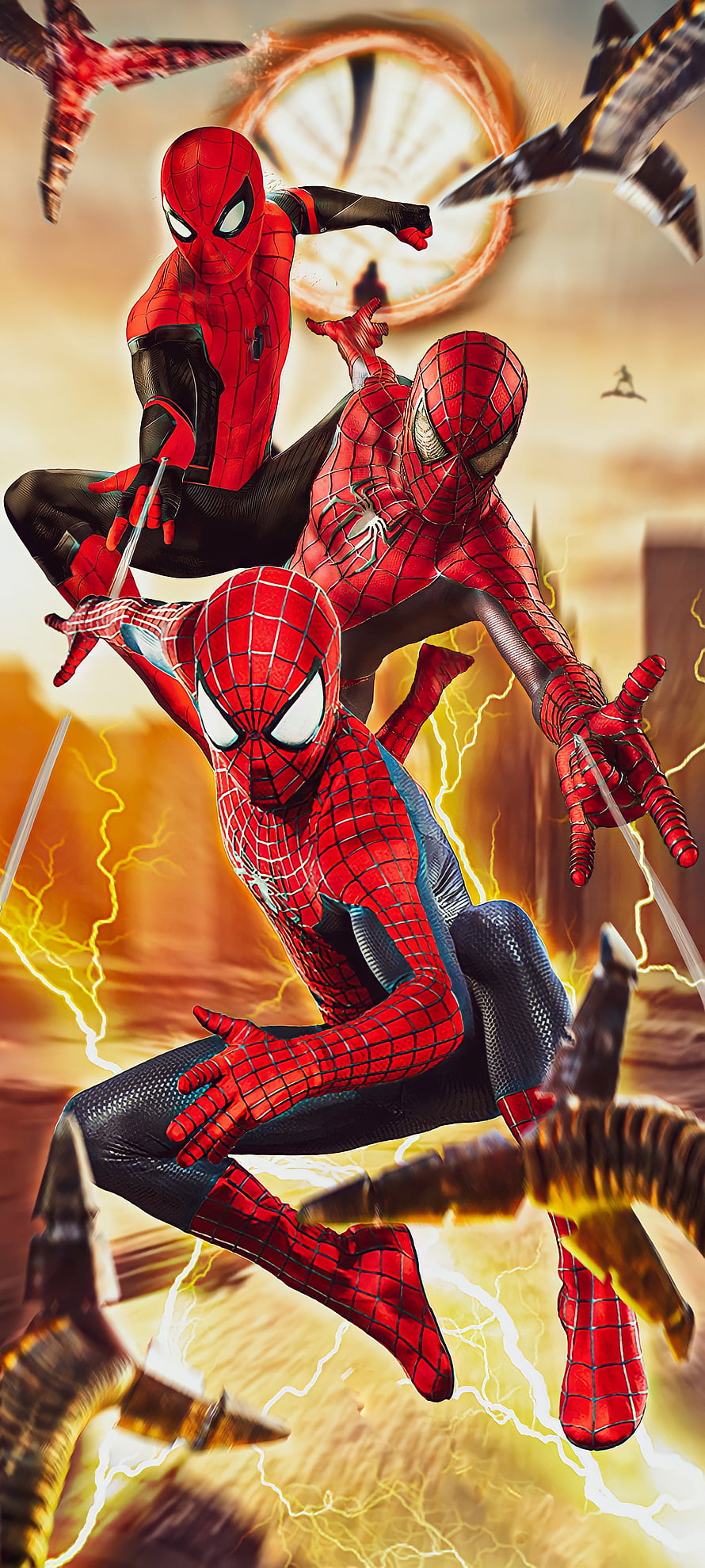 Three Spider-Man Variants Leaping Through Dimensional Rift Action Scene, Spider-man No Way Home, Tom holland, Spiderman no way home, Andrew Garfield, Tobey maguire, Marvel, Spiderman HD phone wallpaper