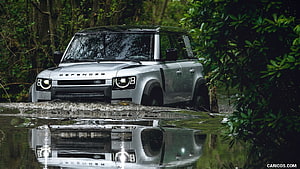 Silver Land Rover Defender 110 Fording Through Forest Water HD wallpaper