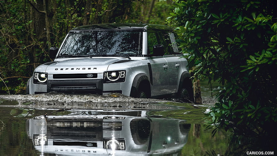 Silver Land Rover Defender 110 Fording Through Forest Water HD wallpaper