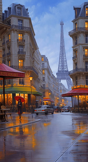 Rainy Paris Street Scene with Eiffel Tower and Cafe Lights HD phone wallpaper