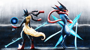 Mega Lucario and Mega Garchomp battling with glowing swords and energy orbs HD wallpaper