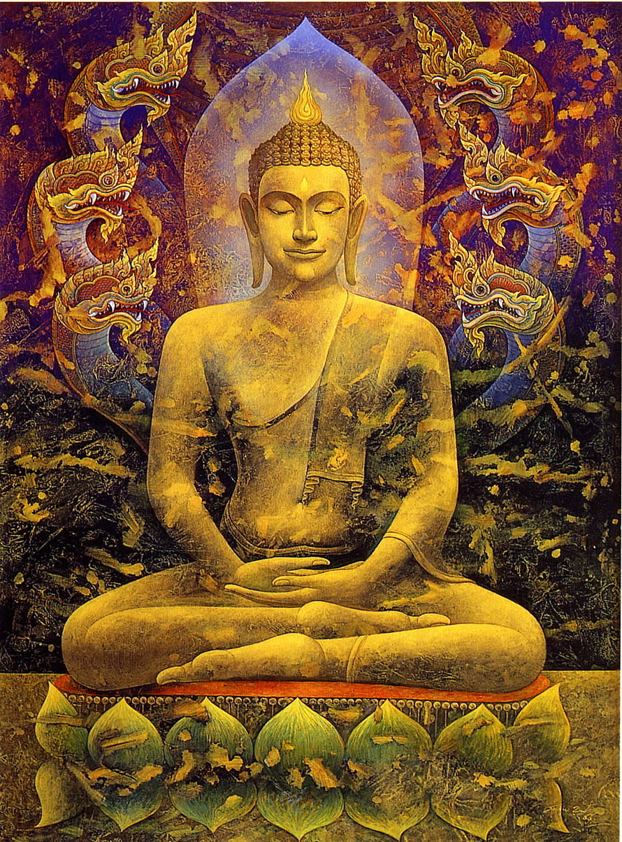 Golden Buddha in Meditation with Naga Serpents and Lotus Throne HD phone wallpaper
