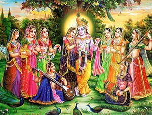 Krishna Playing Flute Surrounded by Gopis in a Lush Garden with Peacocks HD wallpaper