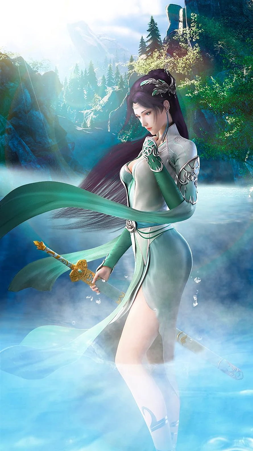 Chun Li from Street Fighter in Green Qipao Standing in Misty Mountain Water HD phone wallpaper
