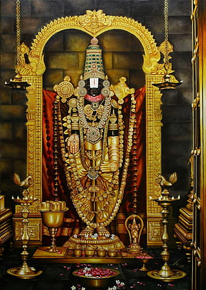 Lord Ayyappa Golden Idol in Temple Shrine with Oil Lamps and Offerings HD phone wallpaper