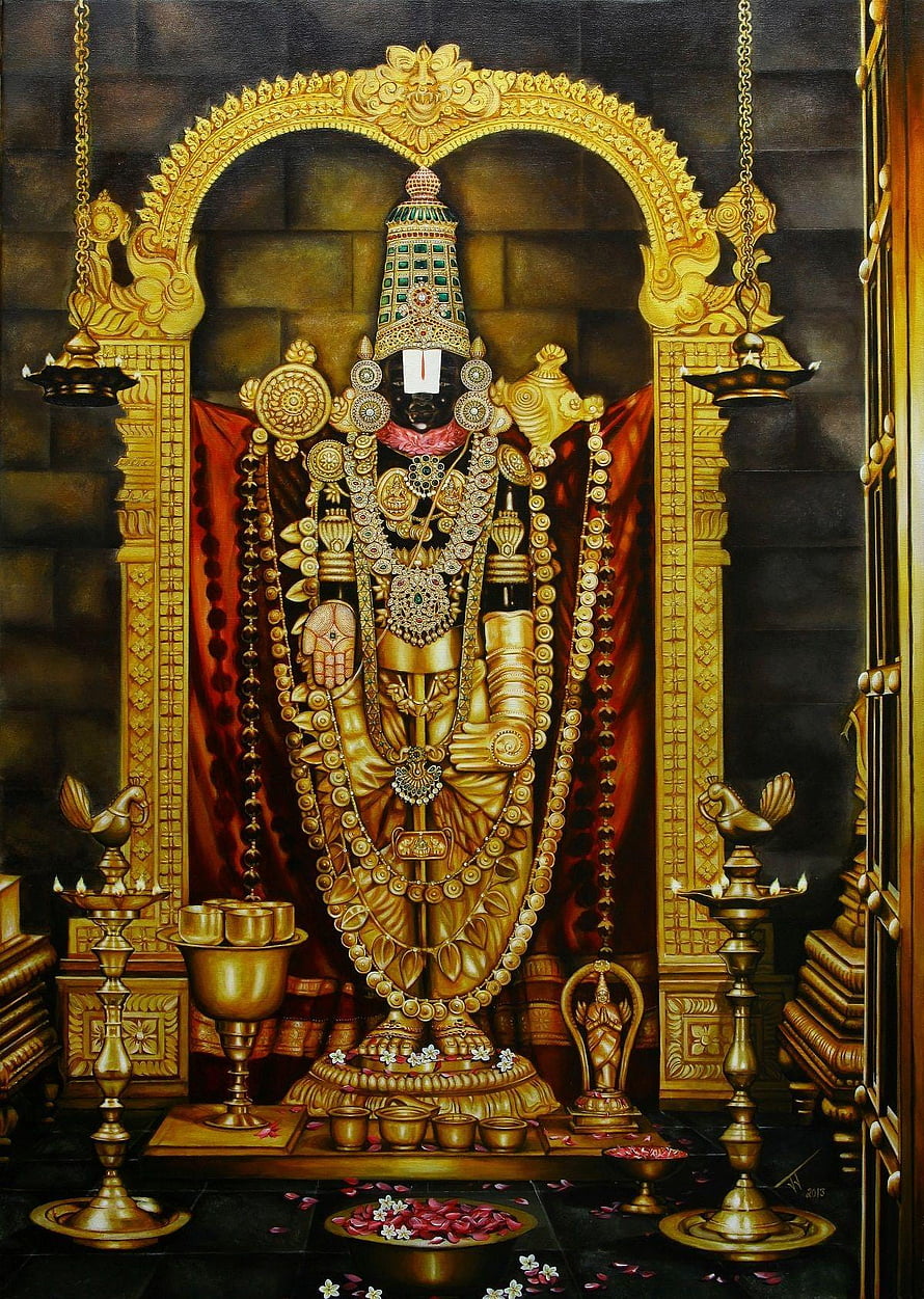 Lord Ayyappa Golden Idol in Temple Shrine with Oil Lamps and Offerings HD phone wallpaper
