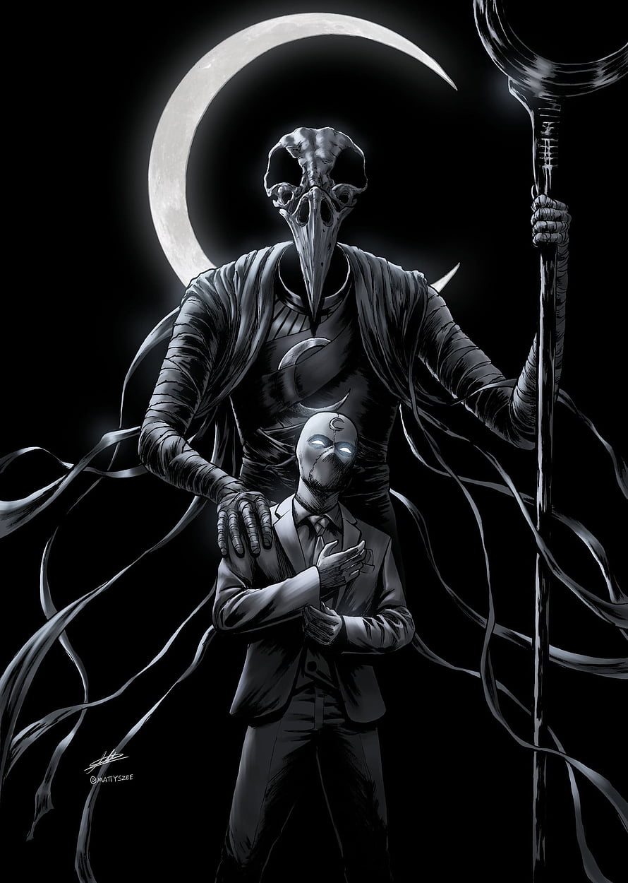 Moon Knight and Khonshu Black and White Illustration HD phone wallpaper