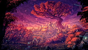 Enchanted Fantasy Village Beneath a Giant Tree in a Dreamy Autumn Forest HD wallpaper