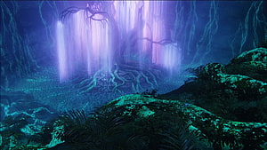 Avatar Pandora Bioluminescent Forest with Glowing Waterfall and Ancient Tree HD wallpaper