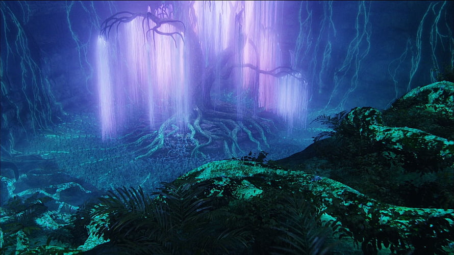Avatar Pandora Bioluminescent Forest with Glowing Waterfall and Ancient Tree HD wallpaper