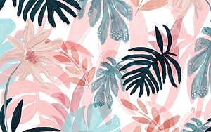 Pastel Pink Watercolor Tropical Leaves and Floral Pattern HD wallpaper