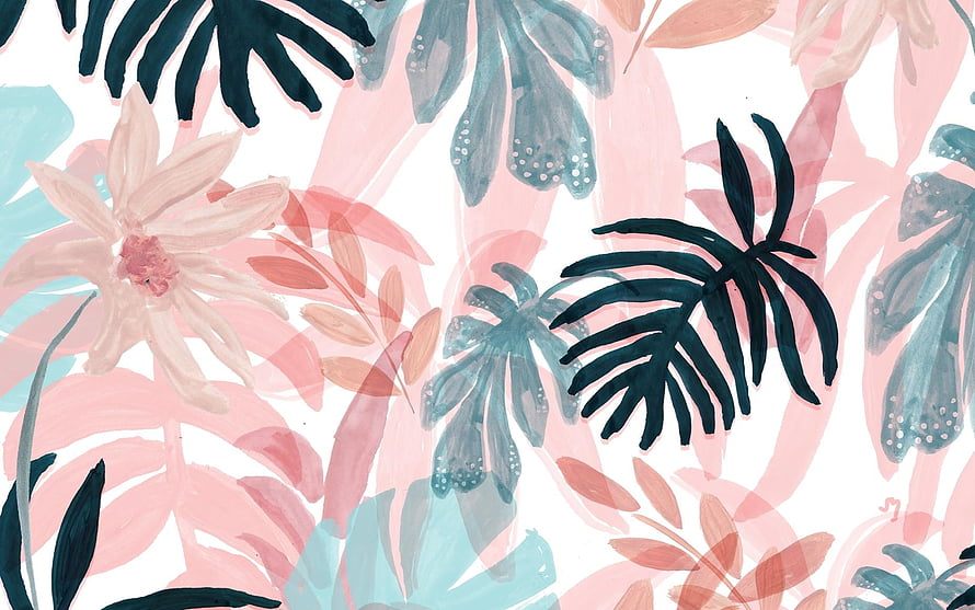 Pastel Pink Watercolor Tropical Leaves and Floral Pattern HD wallpaper