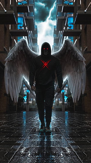 Hooded Figure With White Angel Wings And Red Glowing Eyes Walking Through Rainy Urban Street HD phone wallpaper