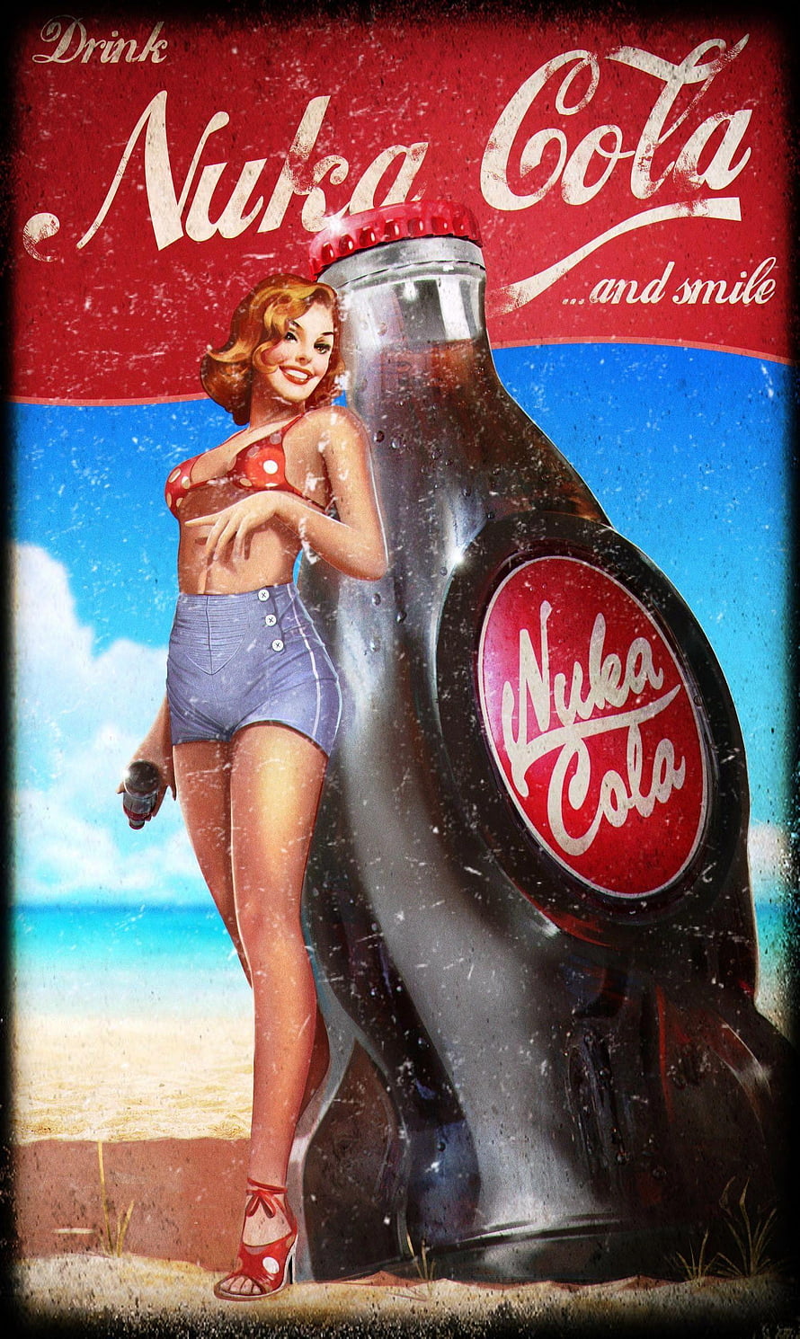 Nuka Cola Pin-Up Girl Beach Poster in Retro Fallout Style HD phone wallpaper