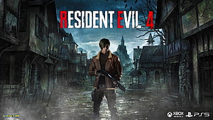 Leon S. Kennedy in Resident Evil 4 Remake standing in a rainy village street with shotgun HD wallpaper