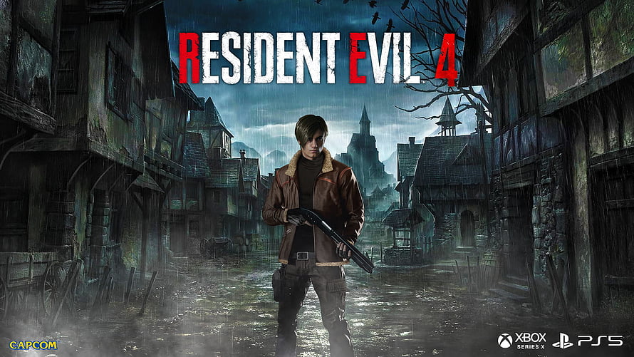 Leon S. Kennedy in Resident Evil 4 Remake standing in a rainy village street with shotgun HD wallpaper
