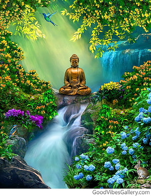Golden Buddha Statue Meditating by a Serene Waterfall in a Lush Garden HD phone wallpaper