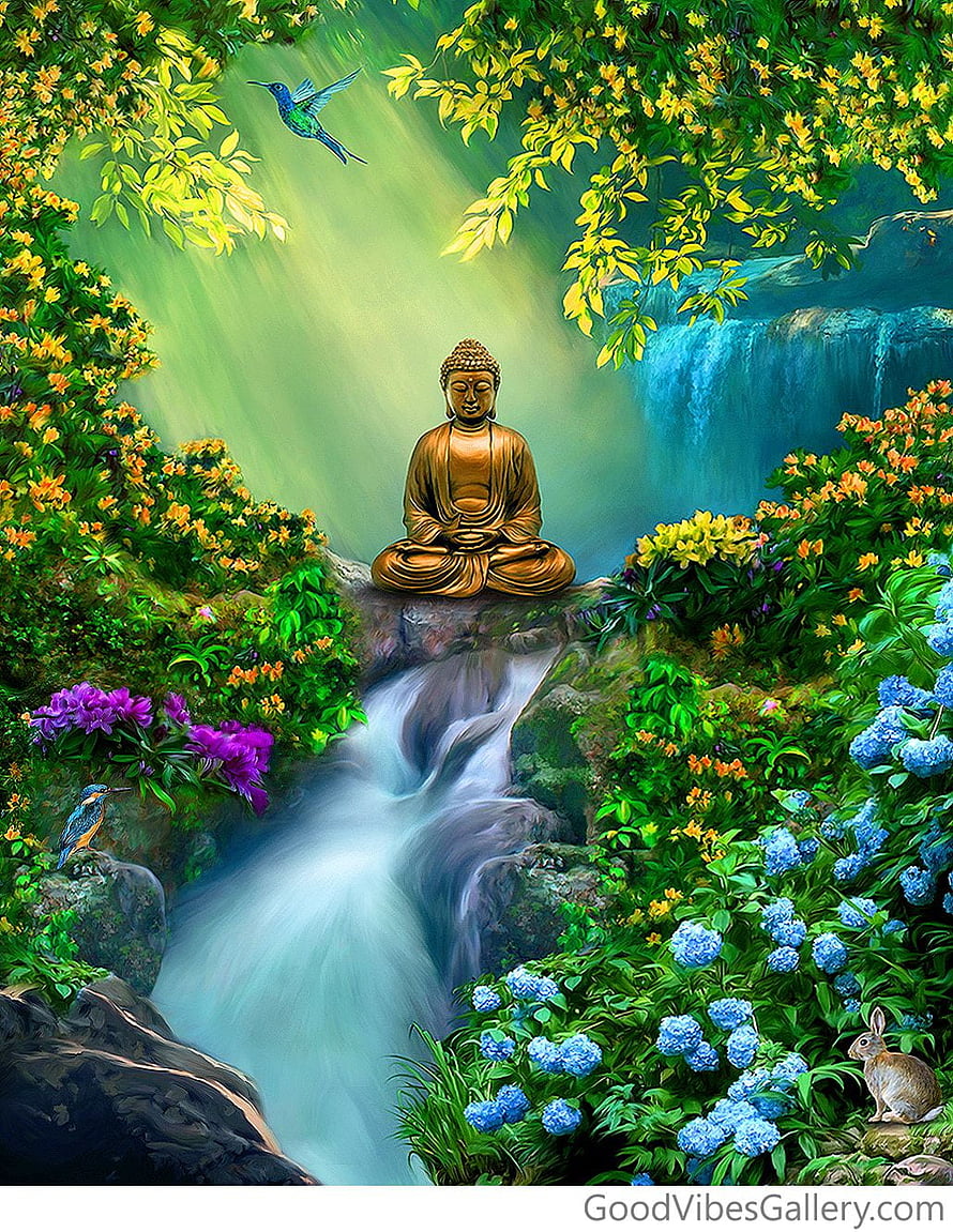 Golden Buddha Statue Meditating by a Serene Waterfall in a Lush Garden HD phone wallpaper