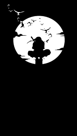 Silhouette of a Samurai Warrior Standing Before a Giant Full Moon with Flying Birds HD phone wallpaper