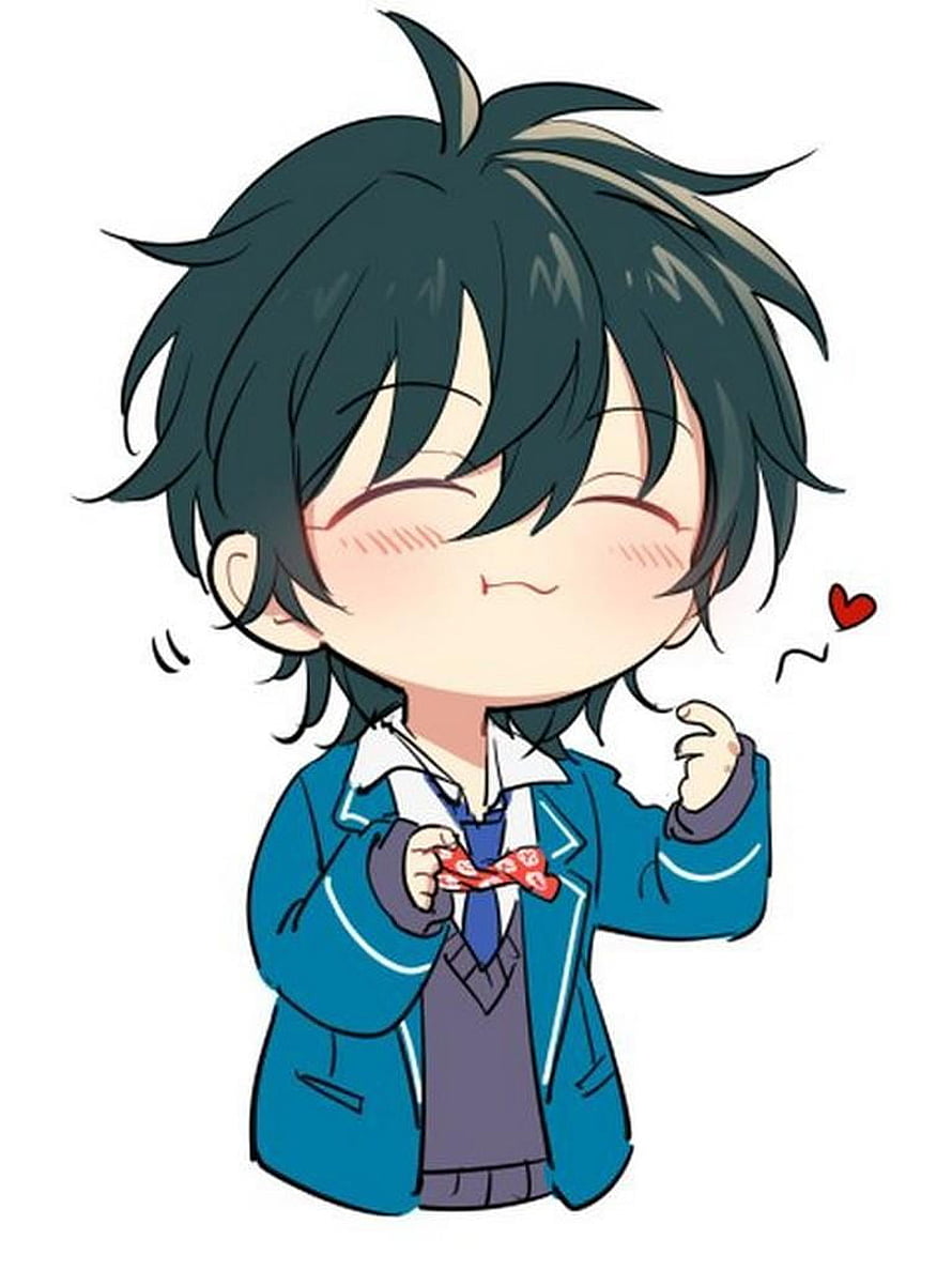 Cute Chibi Anime Boy in Blue School Uniform Holding Candy HD phone wallpaper