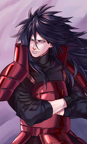 Uchiha Madara Anime Character Portrait in Red Samurai Armor HD phone wallpaper