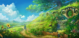 Whimsical Hobbit Hole Cottage in Lush Green Hillside with Wizard Walking Path HD wallpaper