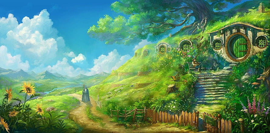 Whimsical Hobbit Hole Cottage in Lush Green Hillside with Wizard Walking Path HD wallpaper