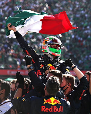 Sergio Perez Celebrates Victory with Mexican Flag at Formula 1 Race HD phone wallpaper