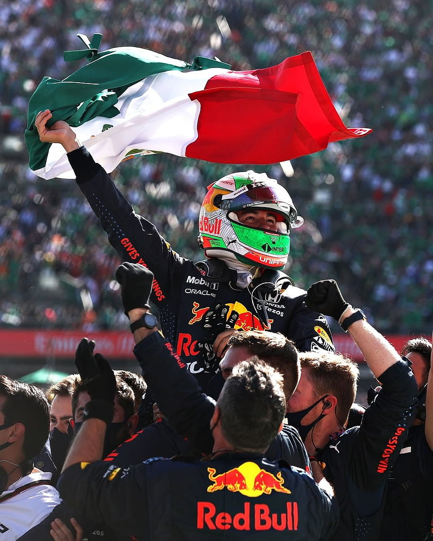 Sergio Perez Celebrates Victory with Mexican Flag at Formula 1 Race HD phone wallpaper