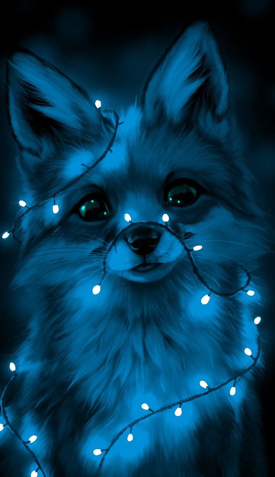 Blue Fox Wrapped in Glowing Christmas Lights Digital Art HD phone wallpaper