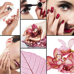Beauty and Spa Collage Featuring Makeup, Manicure, and Pink Orchids HD phone wallpaper