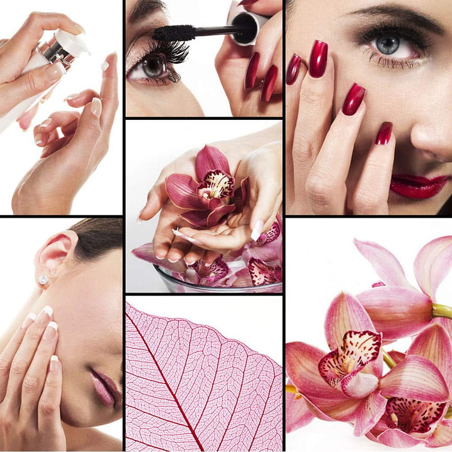 Beauty and Spa Collage Featuring Makeup, Manicure, and Pink Orchids HD phone wallpaper