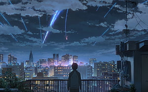 Your Name Anime Rooftop Scene With Meteor Shower Over Tokyo City Skyline HD wallpaper