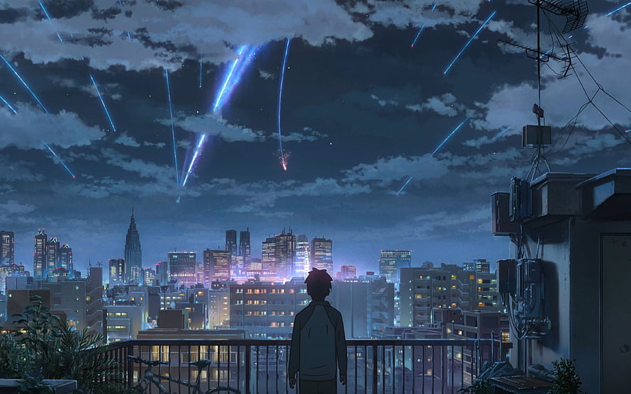 Your Name Anime Rooftop Scene With Meteor Shower Over Tokyo City Skyline HD wallpaper