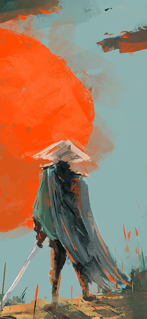 Abstract Digital Painting of a Cloaked Samurai Warrior with Sword Under Giant Orange Sun HD phone wallpaper