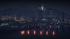 Grand Theft Auto V Night Cityscape with Bridge and Water Reflections HD wallpaper