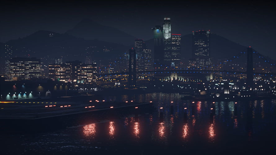 Grand Theft Auto V Night Cityscape with Bridge and Water Reflections HD wallpaper