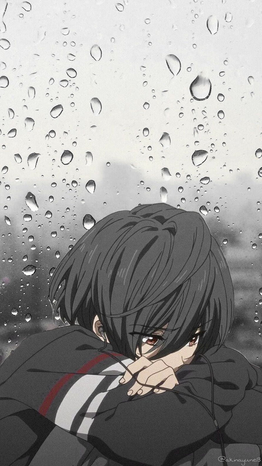Anime Boy With Dark Hair Looking Through Rainy Window HD phone wallpaper