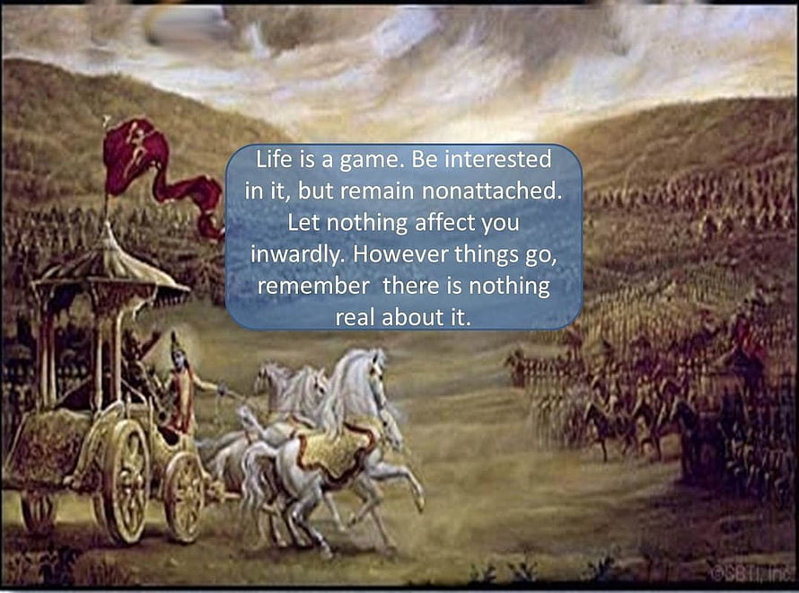 Krishna and Arjuna in the chariot from the Mahabharata epic with philosophical quote HD wallpaper