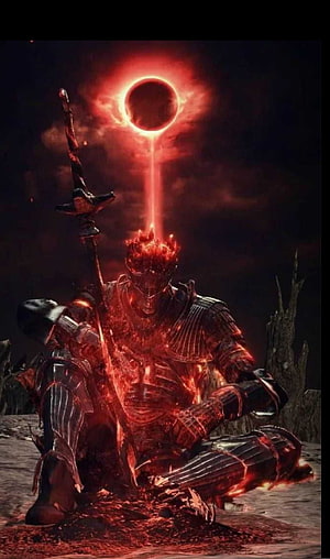 Elden Ring Knight in Molten Armor Kneeling Beneath a Fiery Solar Eclipse HD phone wallpaper